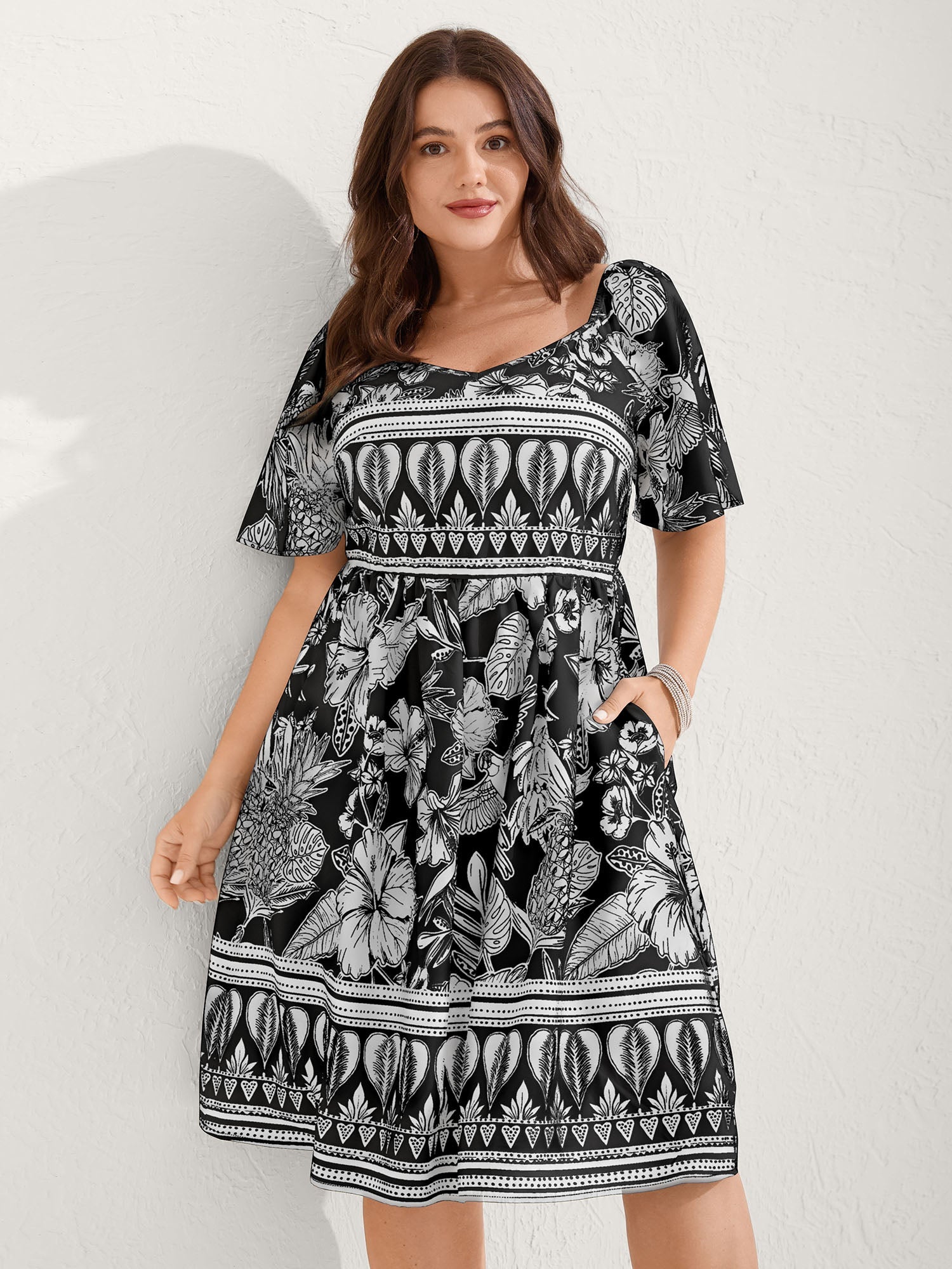 (16pcs Minimum Wholesale)Boho Print Fit Flare Pockets Mini Dress