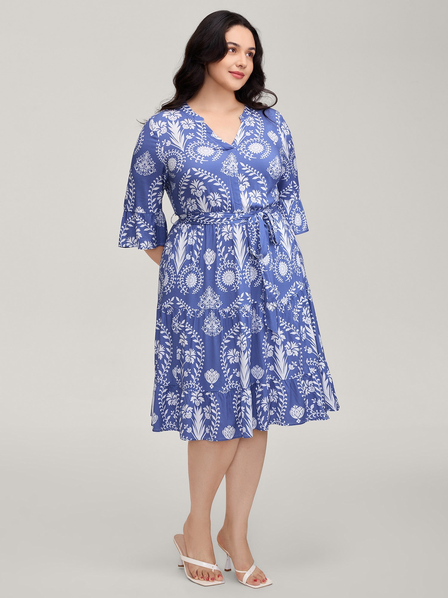 (18pcs Minimum Wholesale)Boho Print Belted Side Pockets Midi Dress