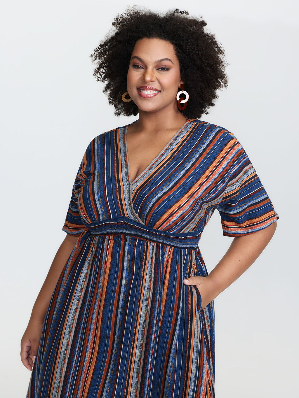 (25pcs Minimum Wholesale)Striped Contrast Dolman Sleeve Shirred Pocket Split Flutter Dress