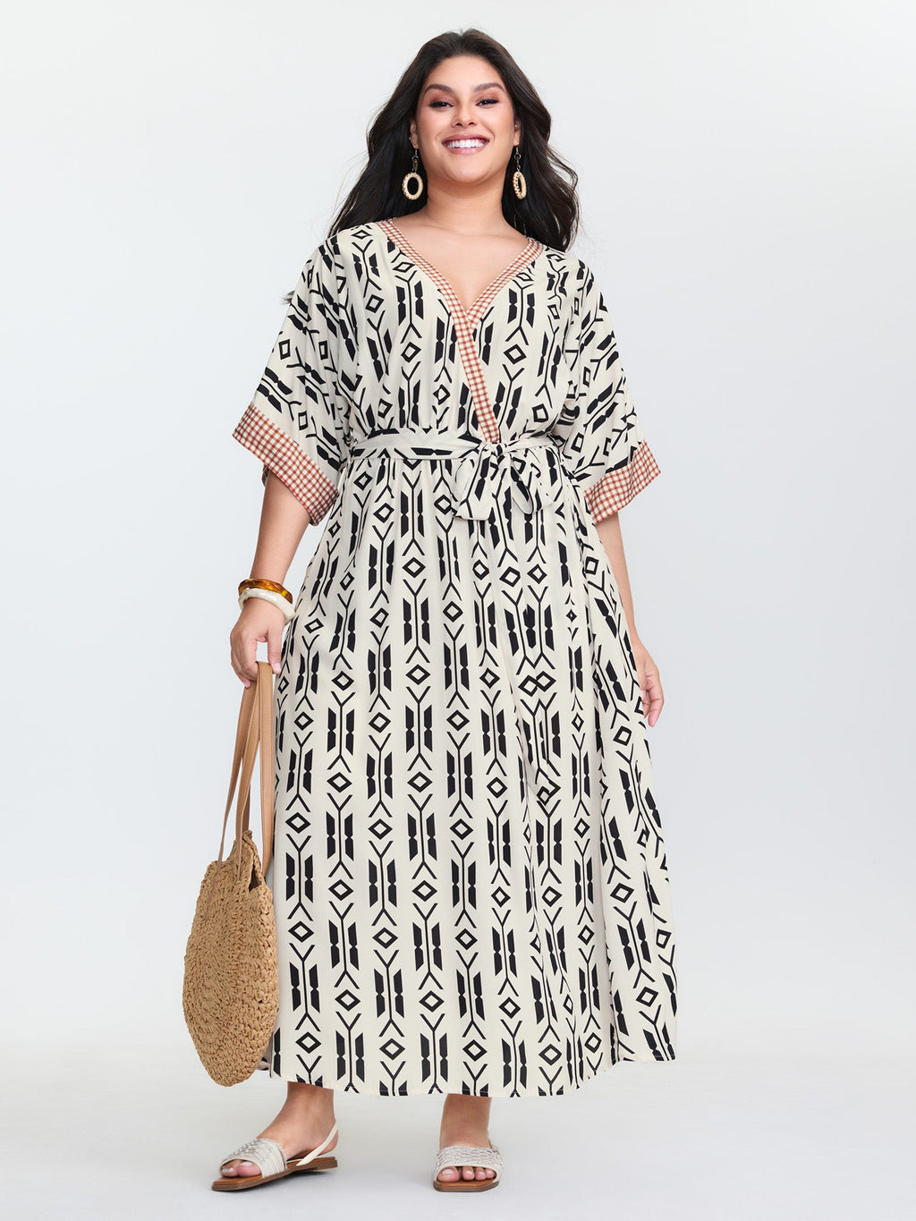 (25pcs Minimum Wholesale)Geometric Print Pockets Surplice Maxi Dress