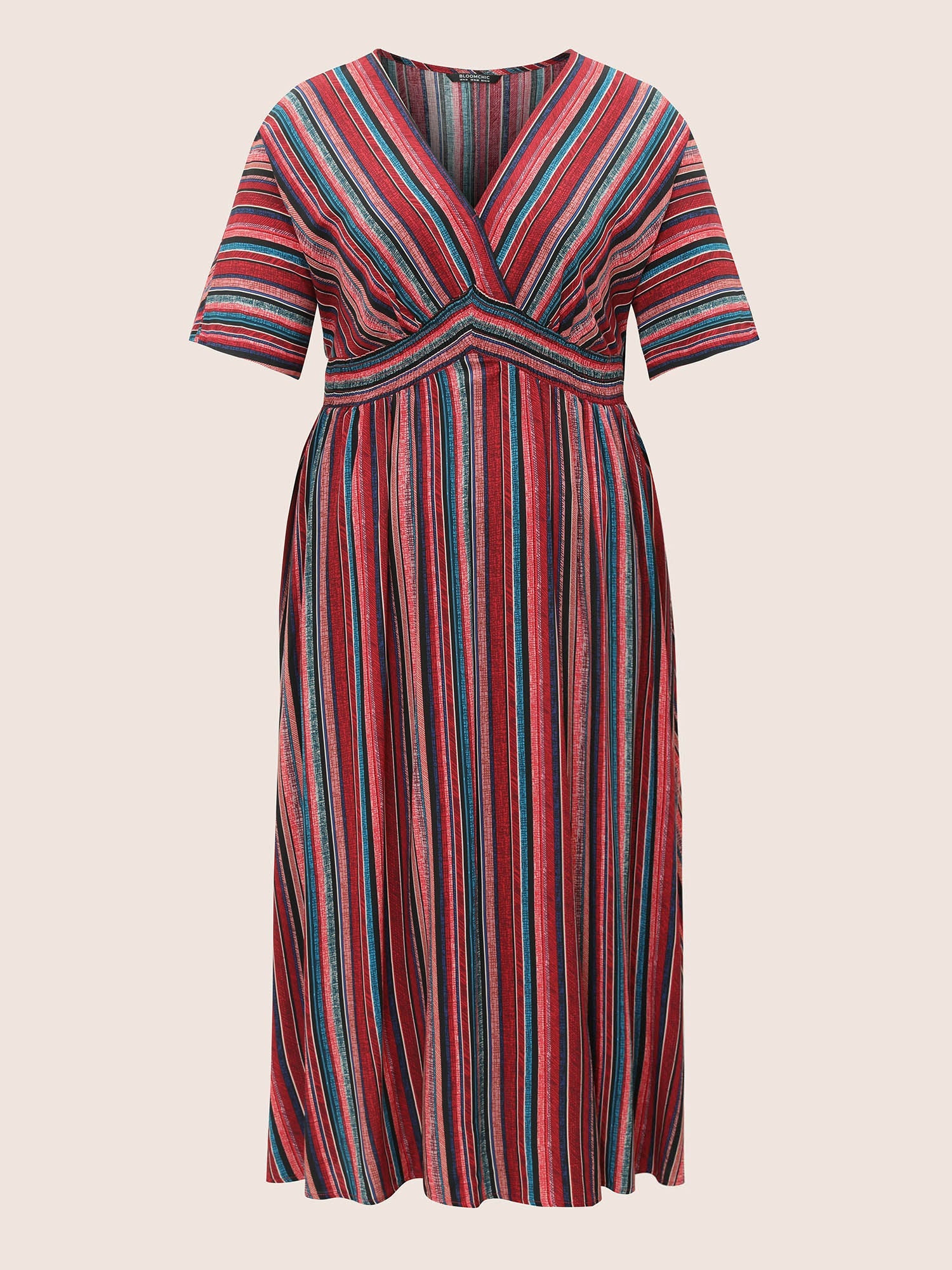 (25pcs Minimum Wholesale)Striped Contrast Dolman Sleeve Shirred Pocket Split Flutter Dress