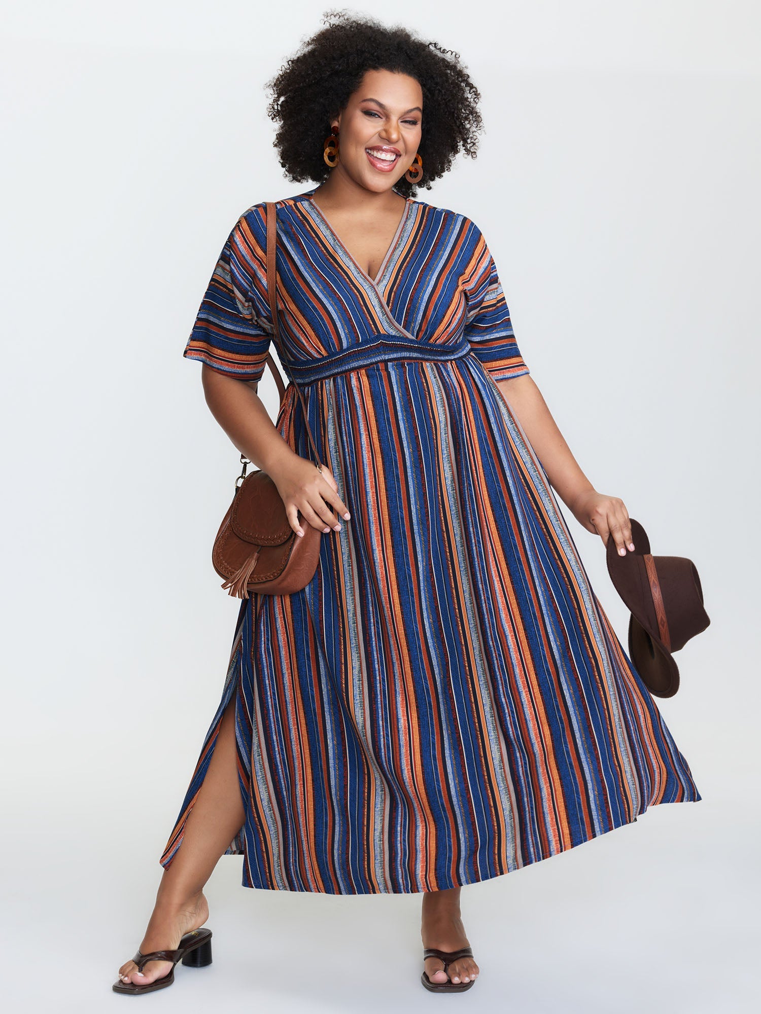 (25pcs Minimum Wholesale)Striped Contrast Dolman Sleeve Shirred Pocket Split Flutter Dress