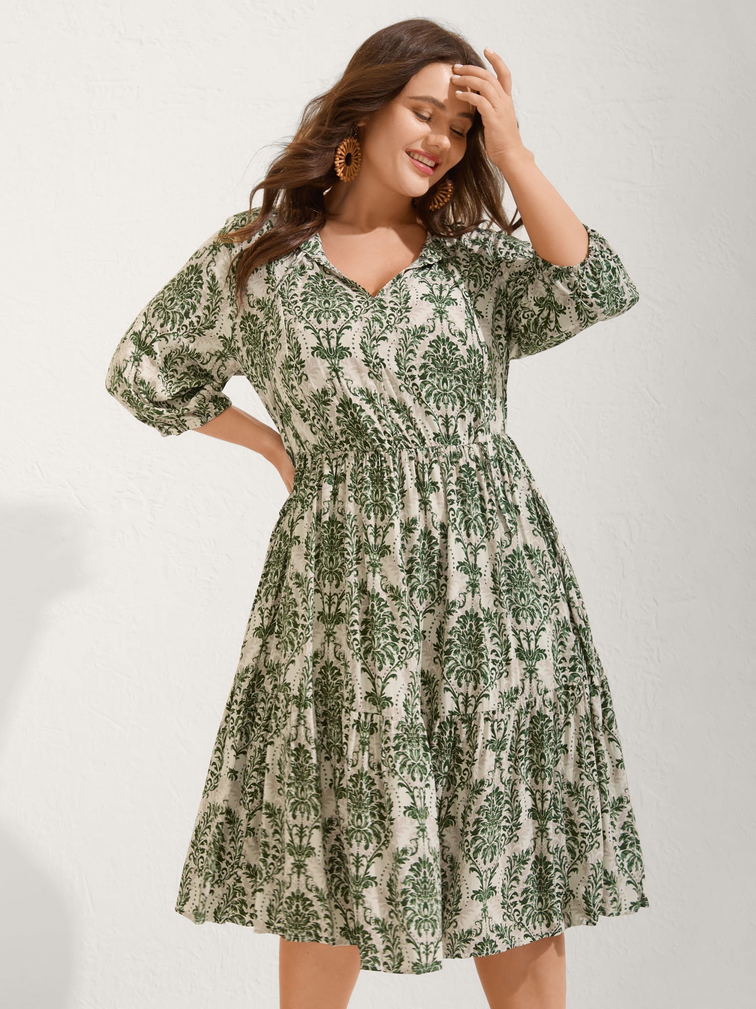 (22pcs Minimum Wholesale)Damask Print Tie Knot Puff Sleeve Dress