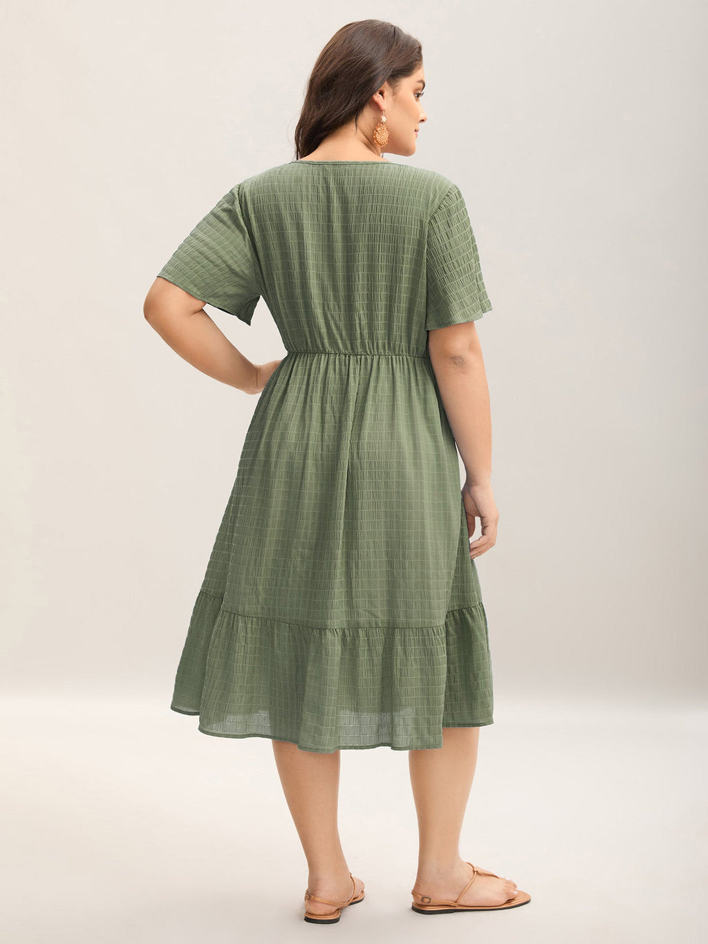 (20pcs Minimum Wholesale)Lace Textured Pockets Tiered Midi Dress