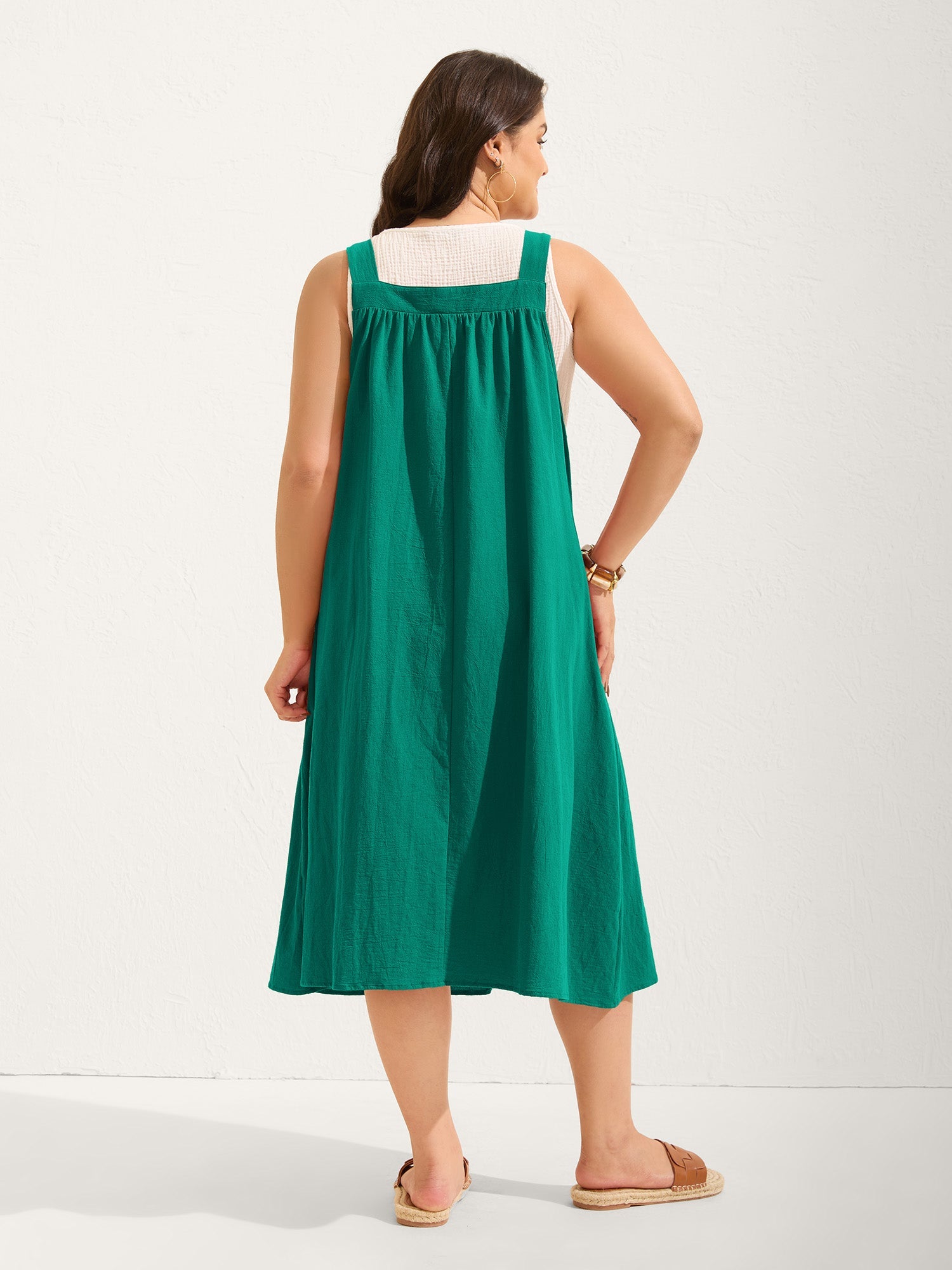 (20pcs Minimum Wholesale)Pure Cotton Pleated Pockets Midi Dress