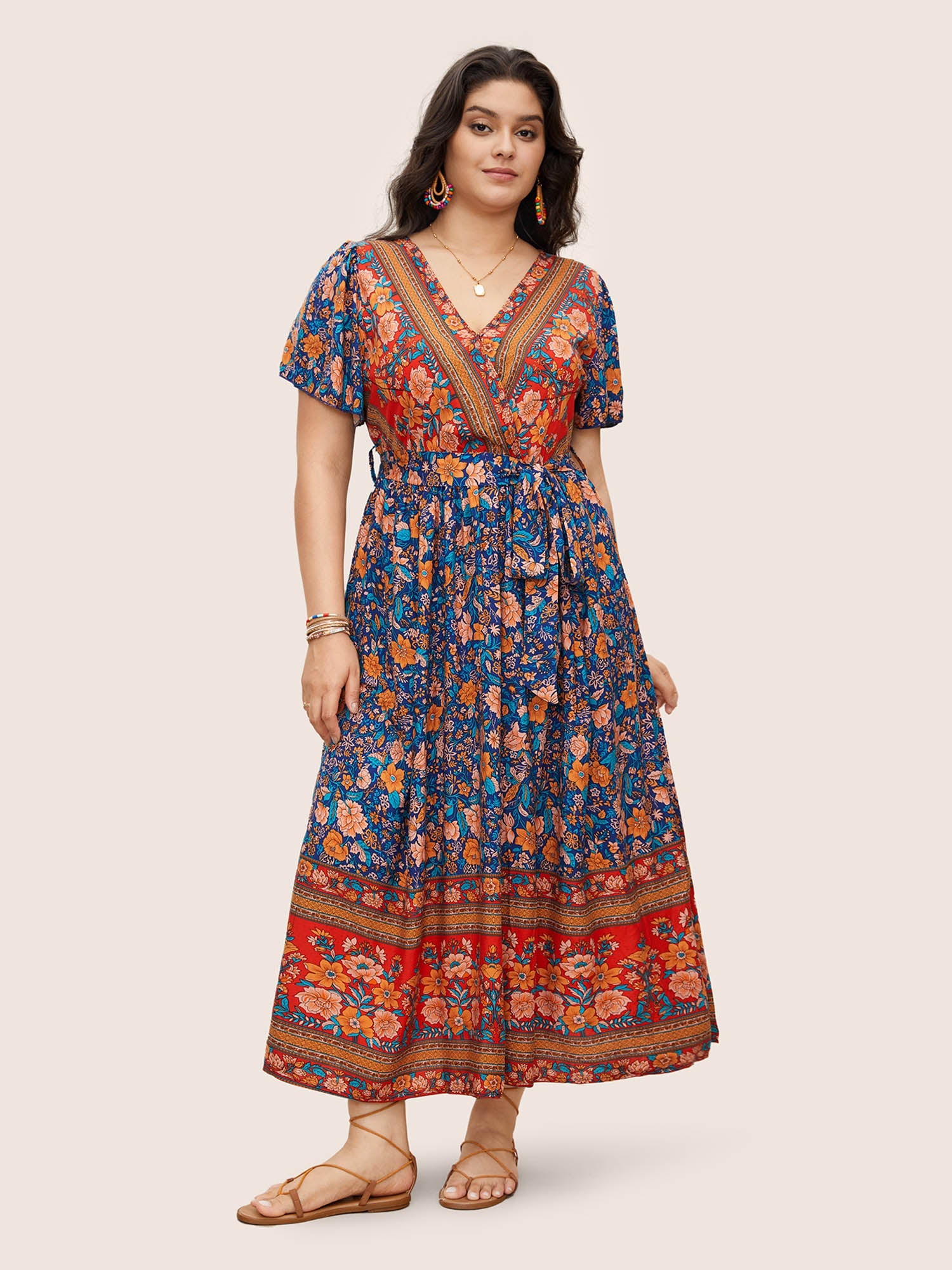 (18pcs Minimum Wholesale)Bandana Surplice Neck Pocket Belted Flutter Hem Maxi Dress