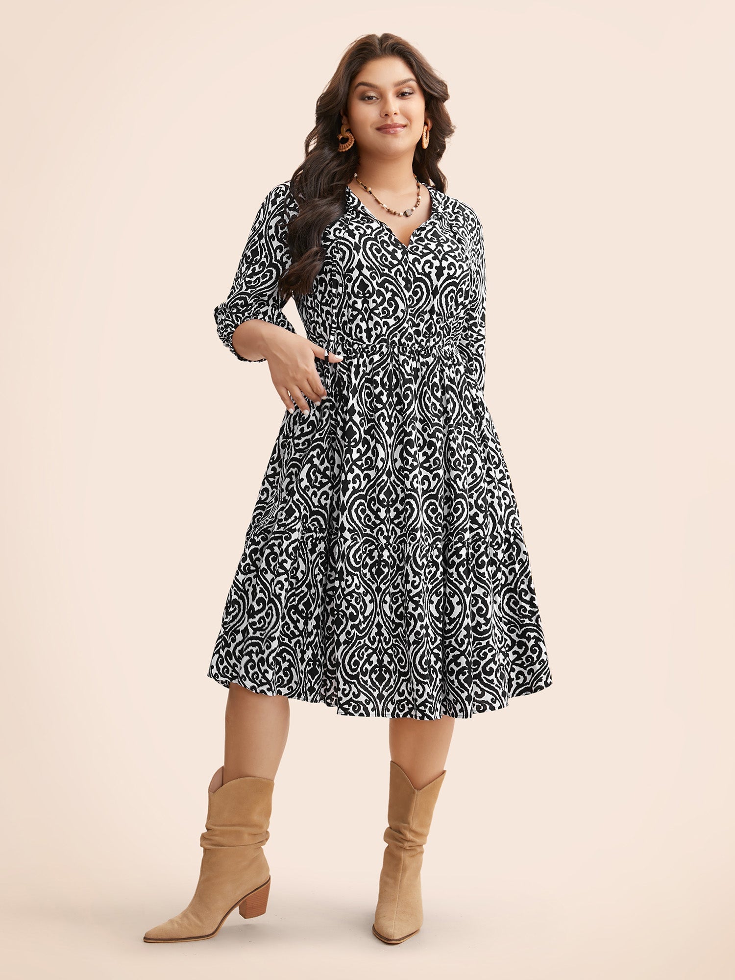 (22pcs Minimum Wholesale)Damask Print Tie Knot Puff Sleeve Dress