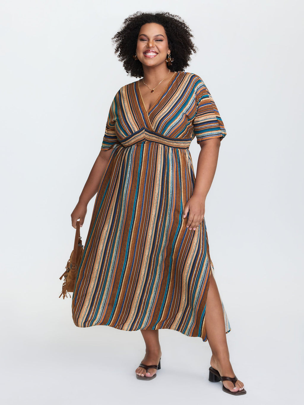 (25pcs Minimum Wholesale)Striped Contrast Dolman Sleeve Shirred Pocket Split Flutter Dress