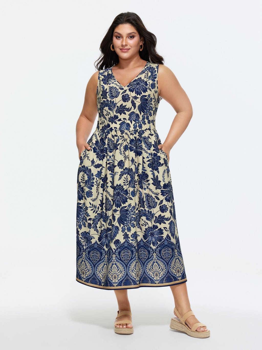 (18pcs Minimum Wholesale)Floral Drama Cinched-Waist Maxi Dress