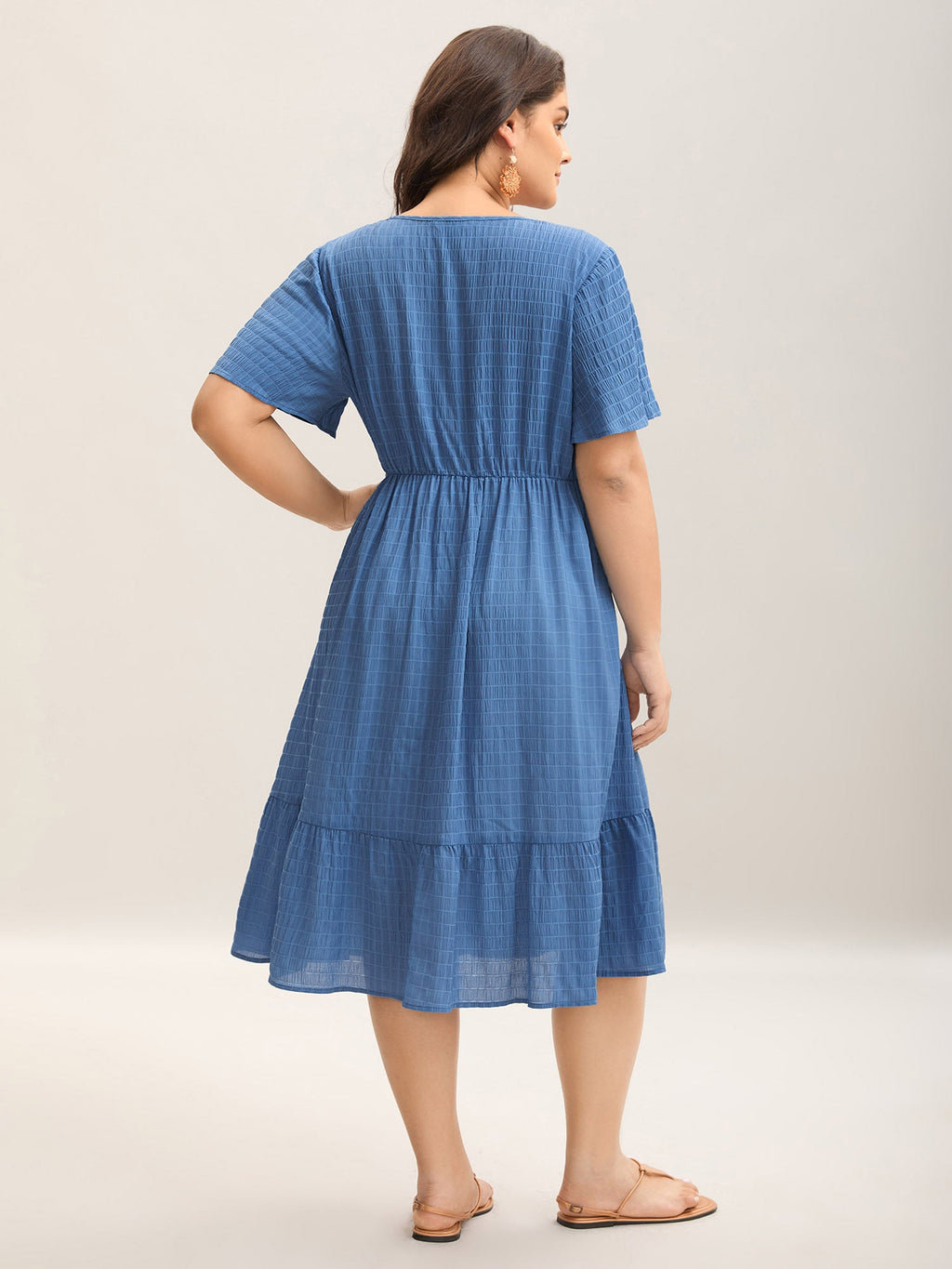 (20pcs Minimum Wholesale)Lace Textured Pockets Tiered Midi Dress
