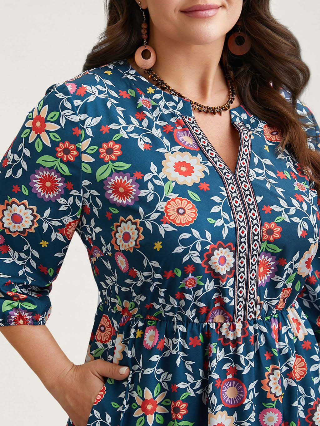 (20pcs Minimum Wholesale)Floral Print Stretchy-Waist Pockets Midi Dress