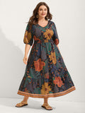 (30pcs Minimum Wholesale)Floral Shirred Lantern Sleeve Midi Dress