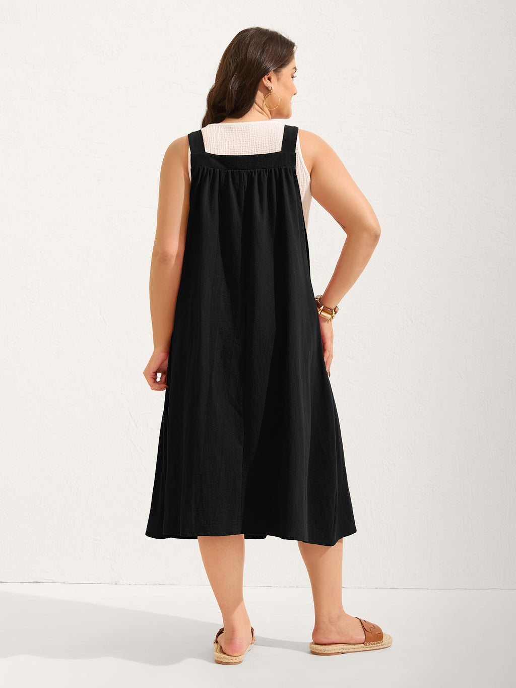 (20pcs Minimum Wholesale)Pure Cotton Pleated Pockets Midi Dress