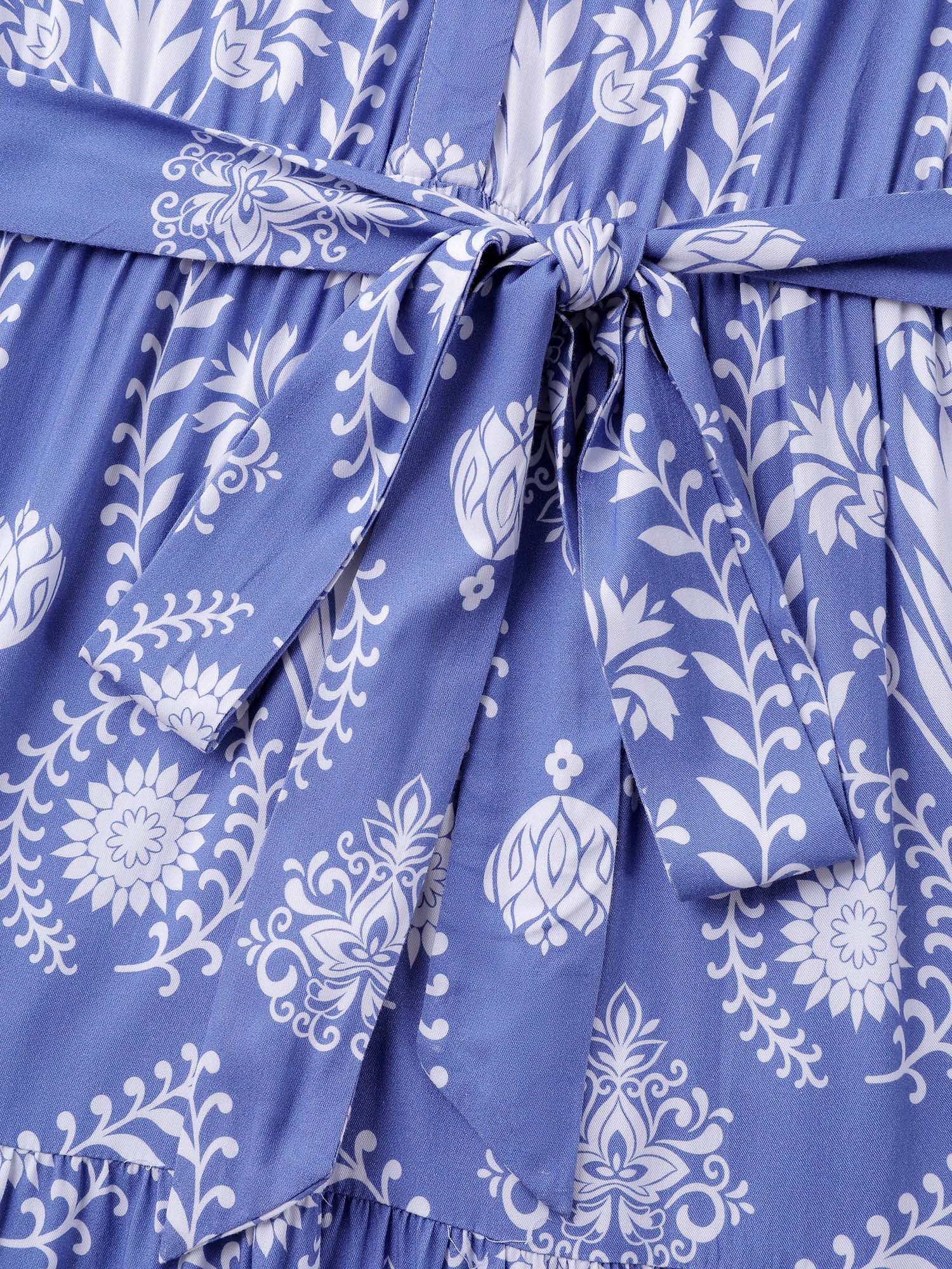 (18pcs Minimum Wholesale)Boho Print Belted Side Pockets Midi Dress