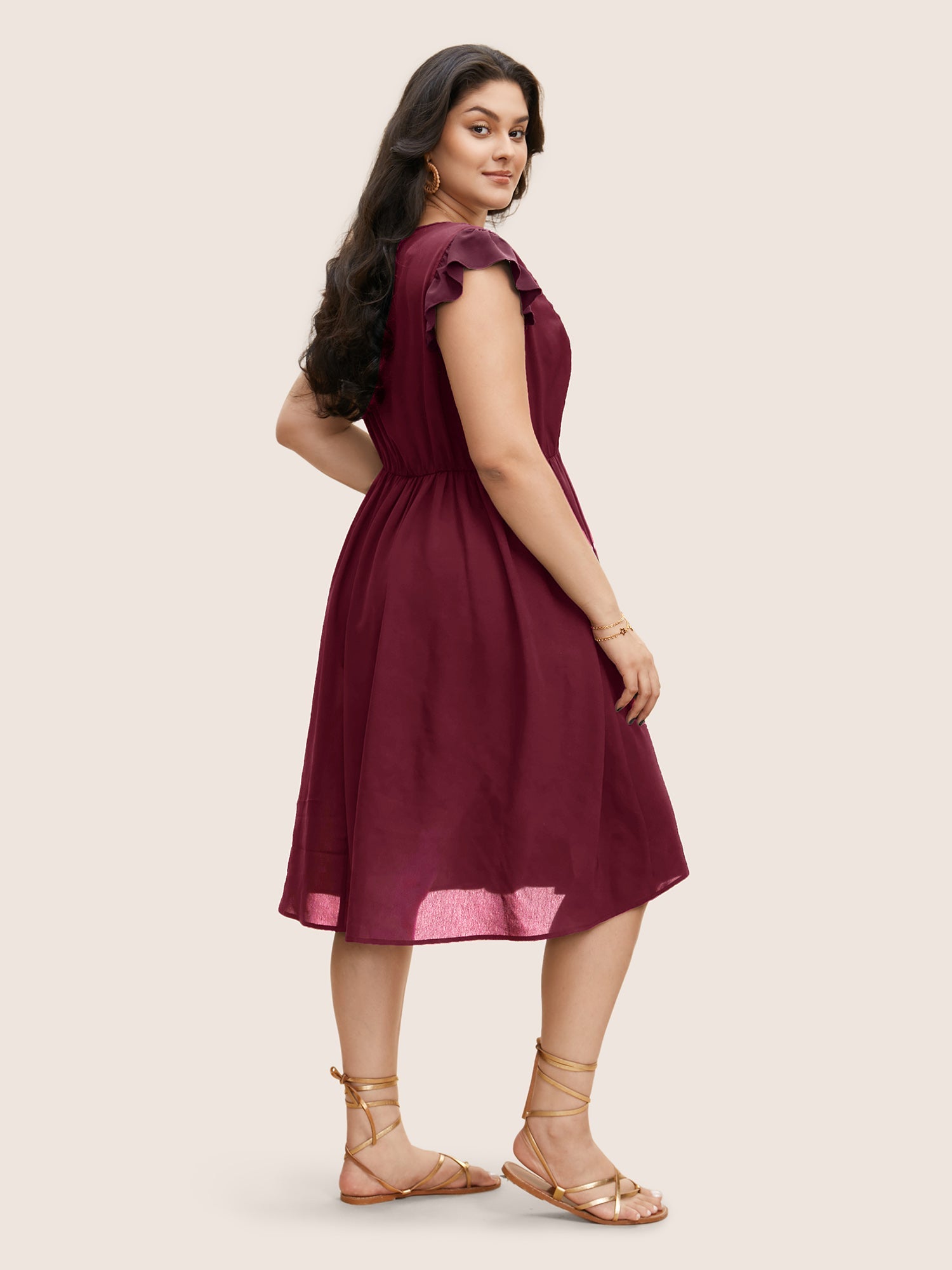 (20pcs Minimum Wholesale)Floral Embroidered V Neck Ruffle Cap Sleeve Dress