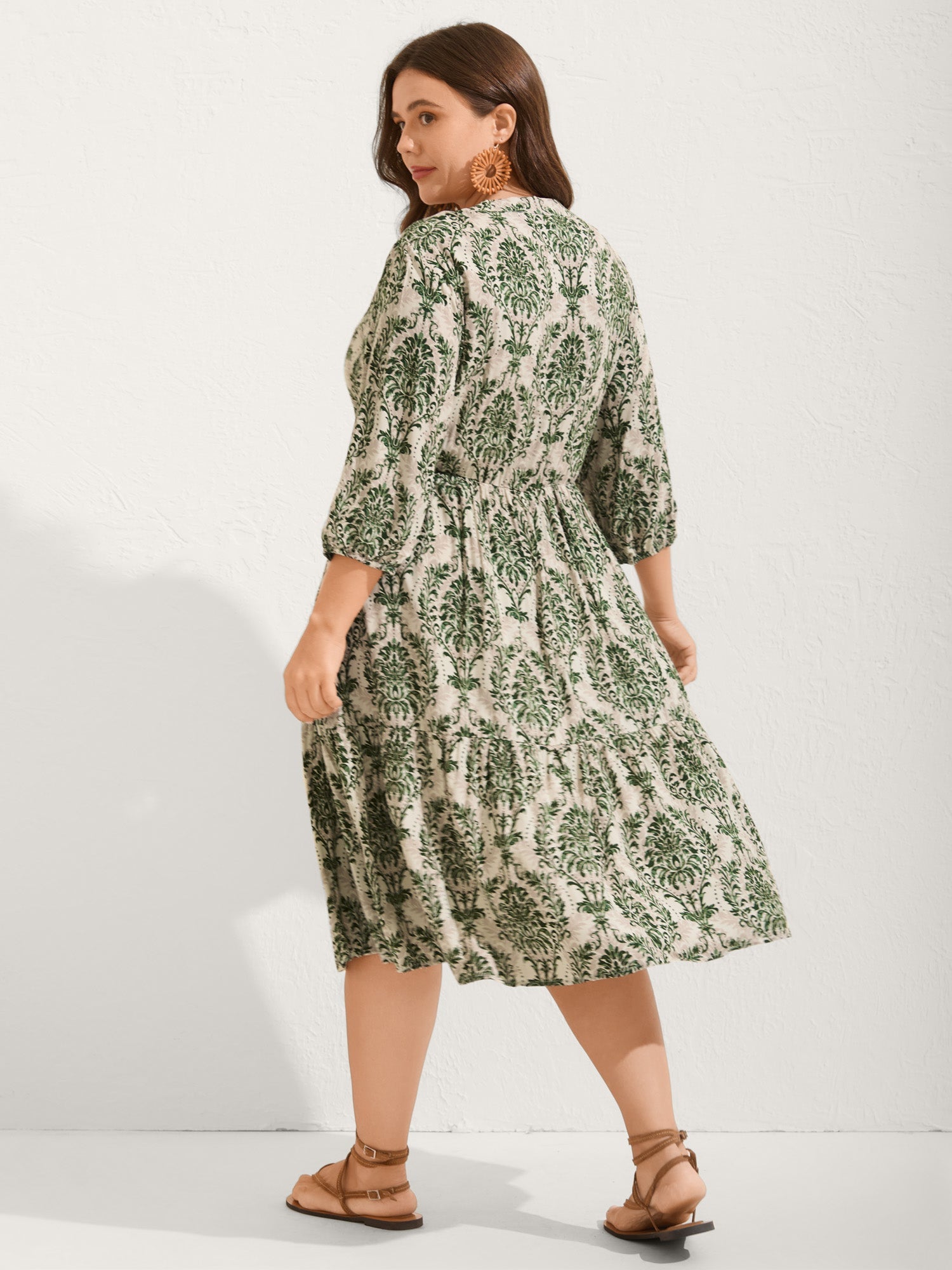 (22pcs Minimum Wholesale)Damask Print Tie Knot Puff Sleeve Dress