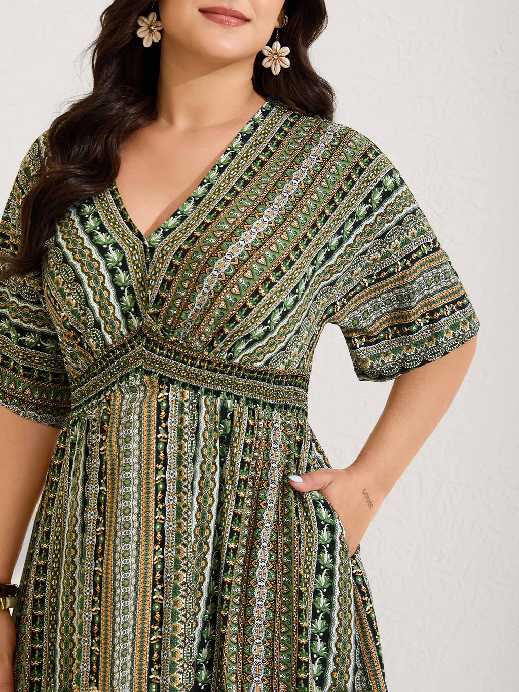 (25pcs Minimum Wholesale)Striped Contrast Dolman Sleeve Shirred Pocket Split Flutter Dress