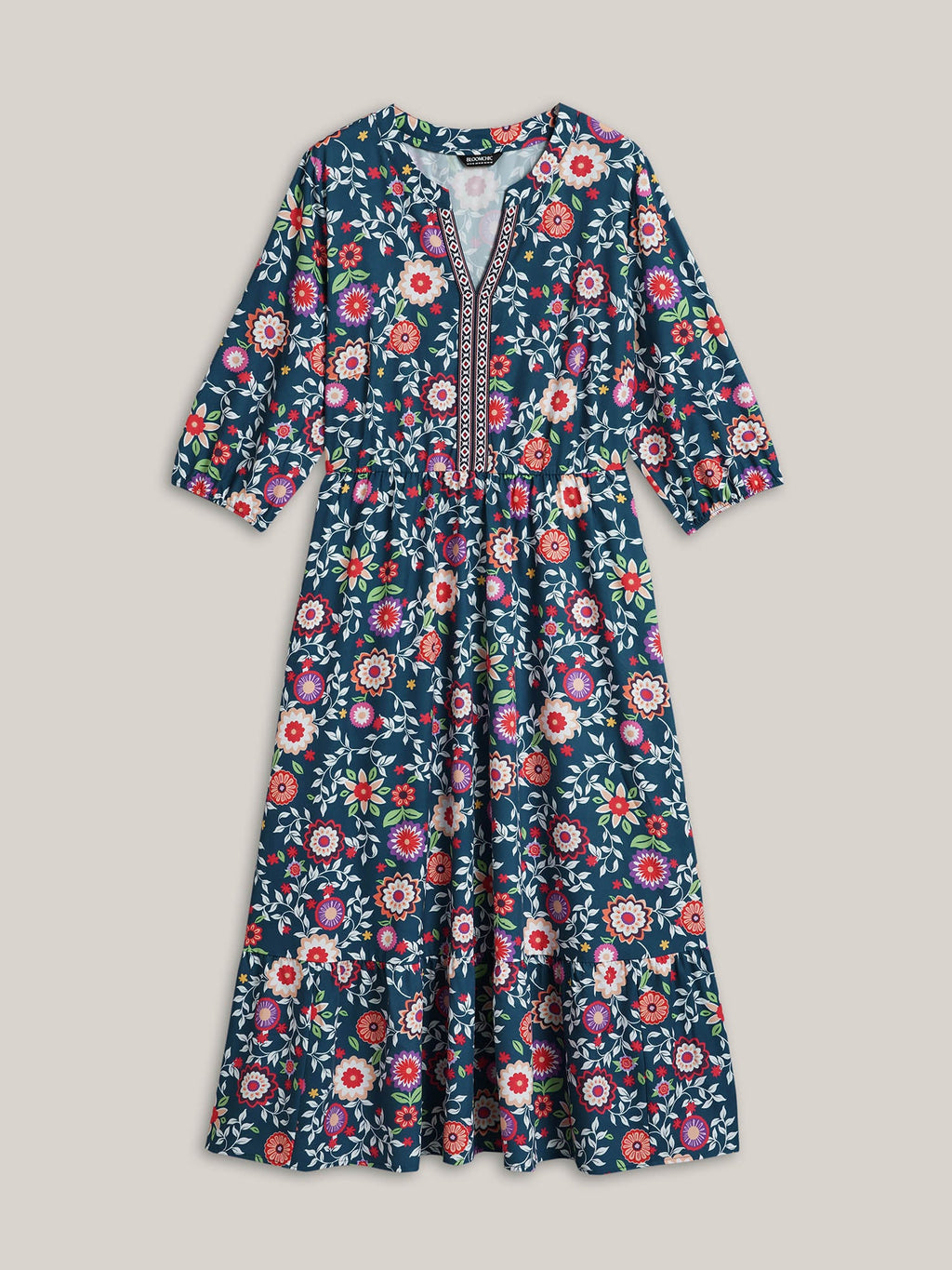 (20pcs Minimum Wholesale)Floral Print Stretchy-Waist Pockets Midi Dress