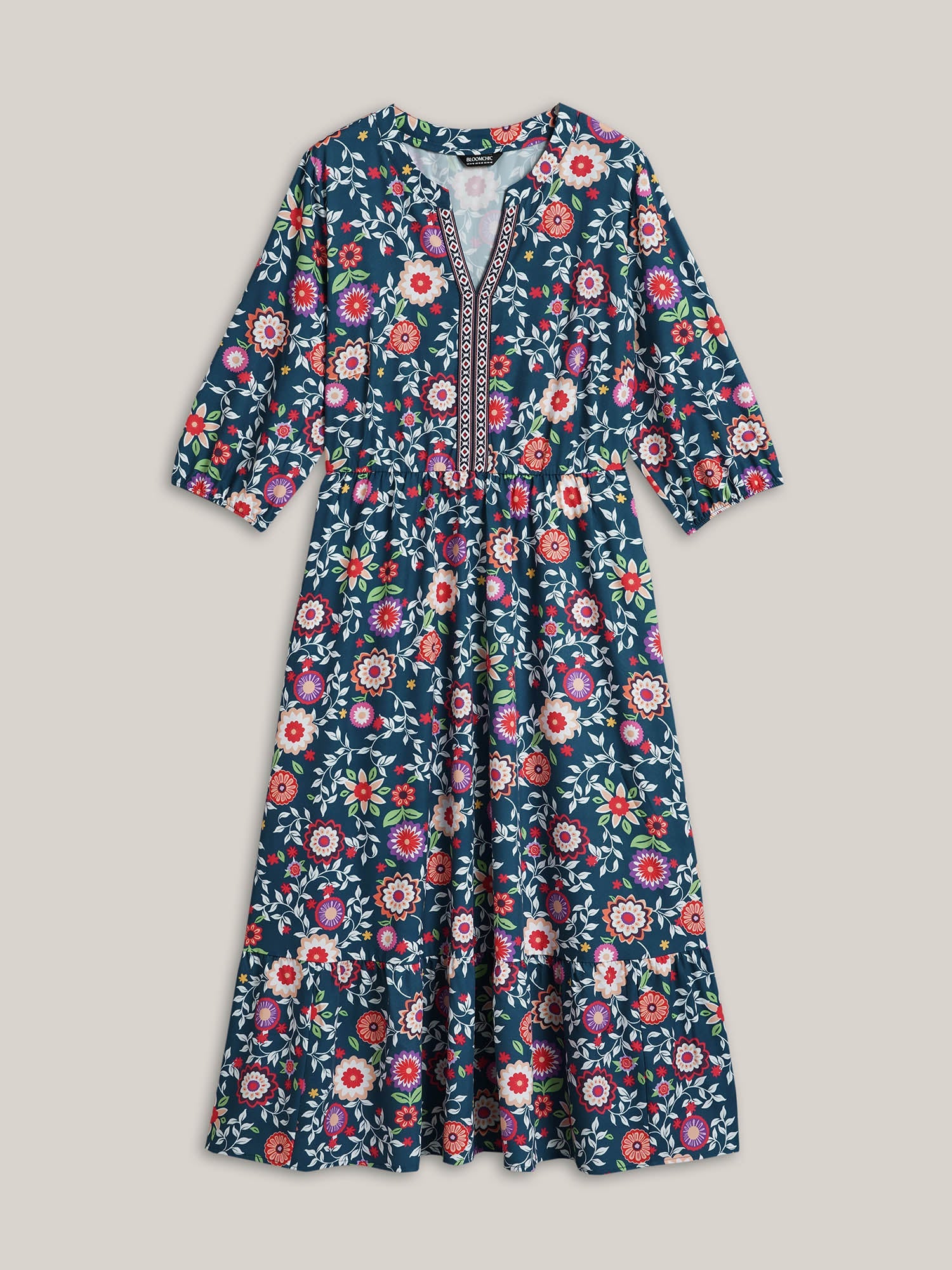 (20pcs Minimum Wholesale)Floral Print Stretchy-Waist Pockets Midi Dress