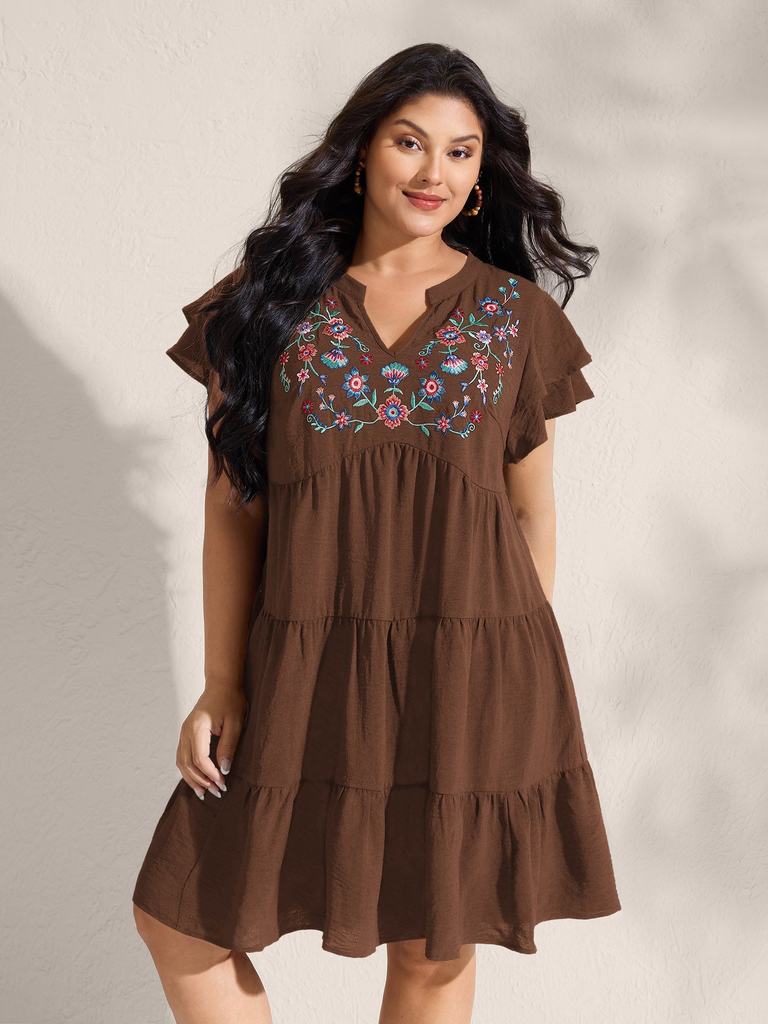 (16pcs Minimum Wholesale)Embroidered Neckline A-Line Ruffled Knee-Length Dress