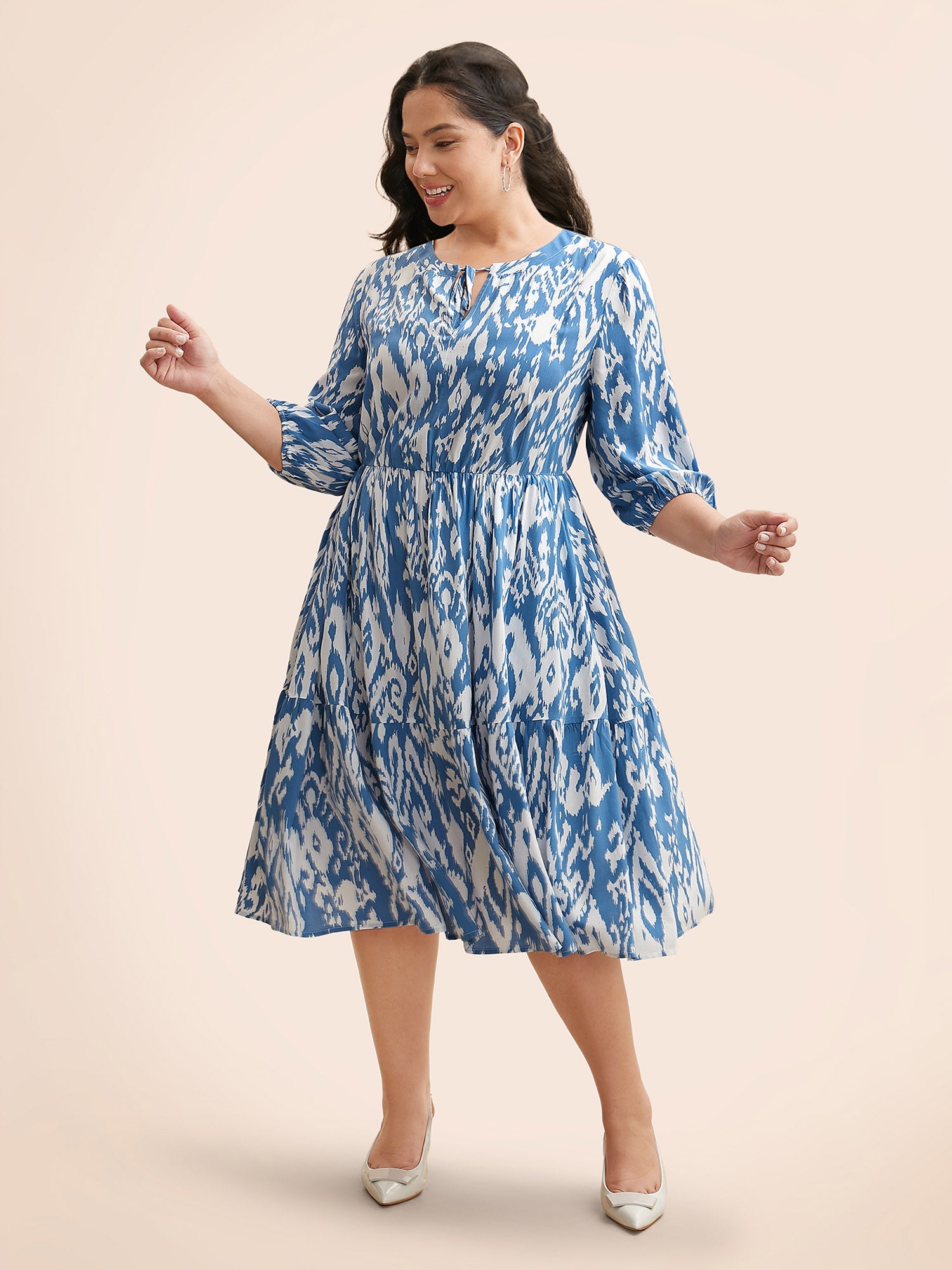 (22pcs Minimum Wholesale)Damask Print Tie Knot Puff Sleeve Dress