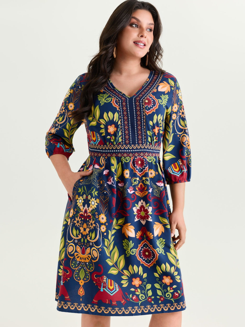 (30pcs Minimum Wholesale)Boho Print V-Neck Pockets Mini Dress