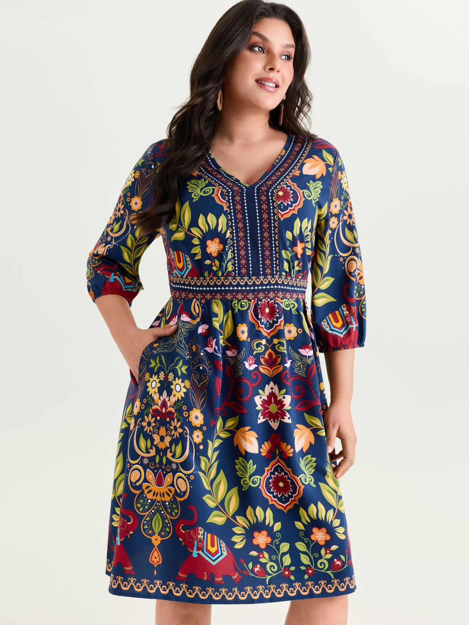 (30pcs Minimum Wholesale)Boho Print V-Neck Pockets Mini Dress