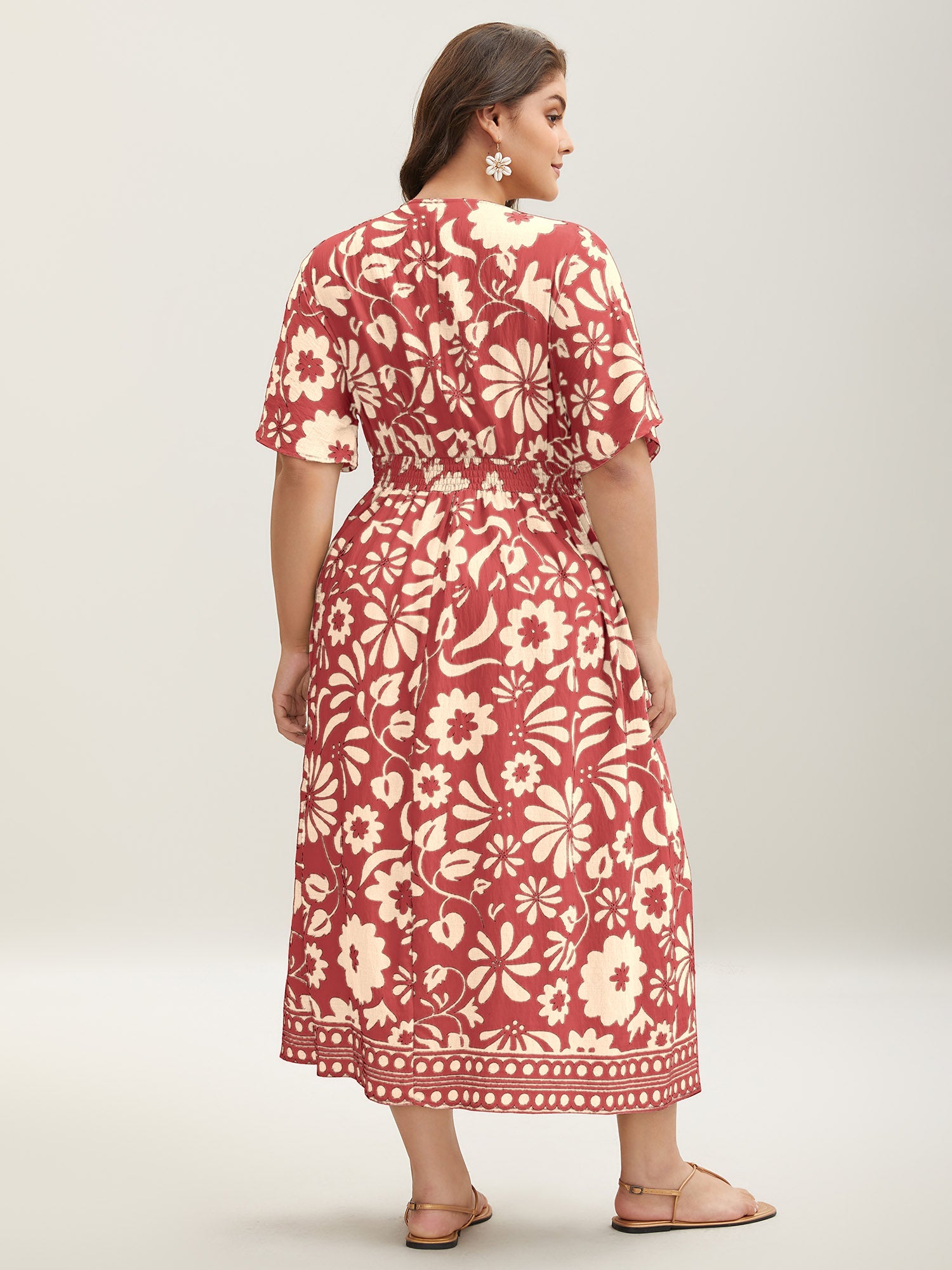 (16pcs Minimum Wholesale)Large Floral Print Pockets Midi Dress