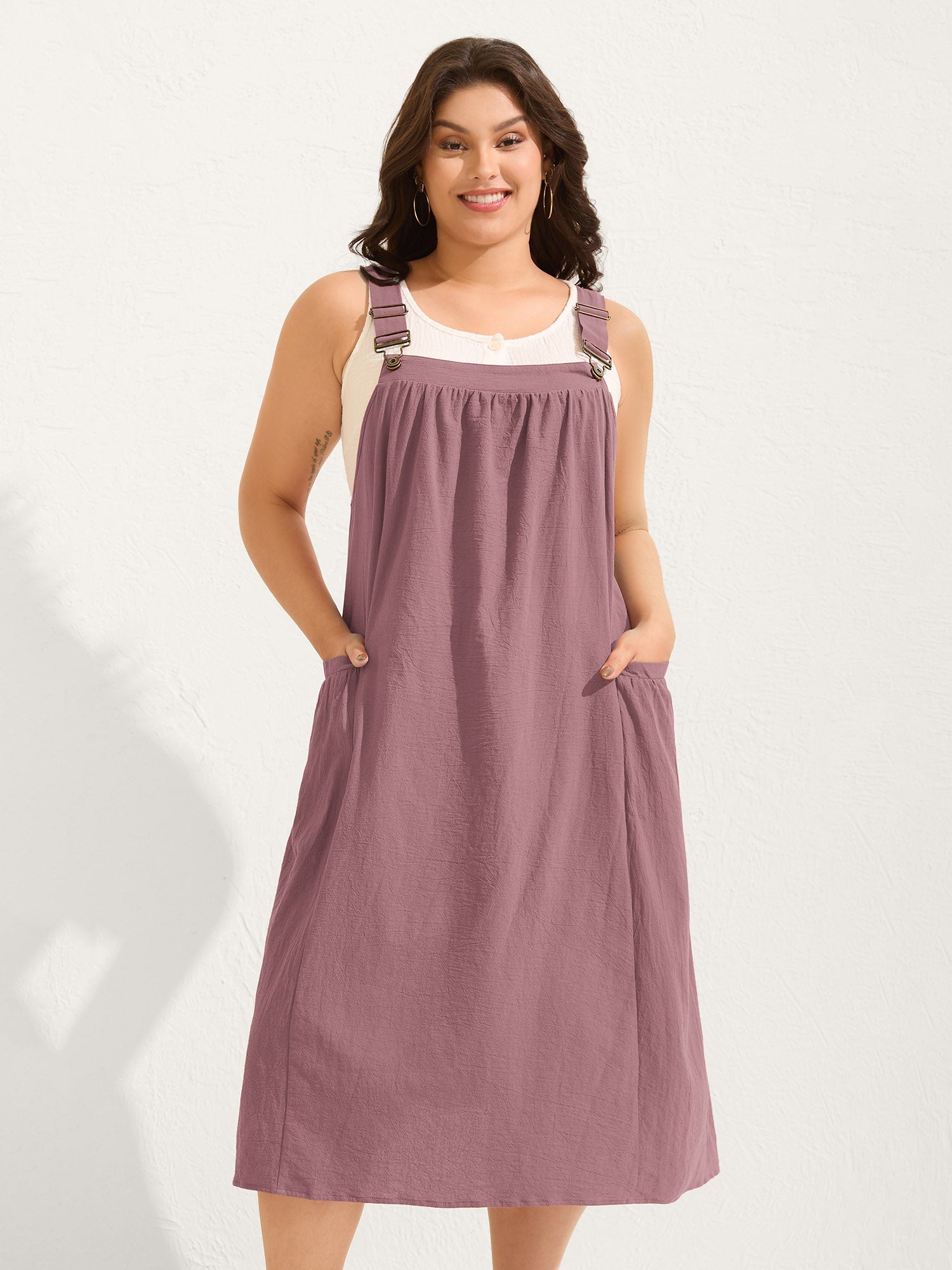 (20pcs Minimum Wholesale)Pure Cotton Pleated Pockets Midi Dress