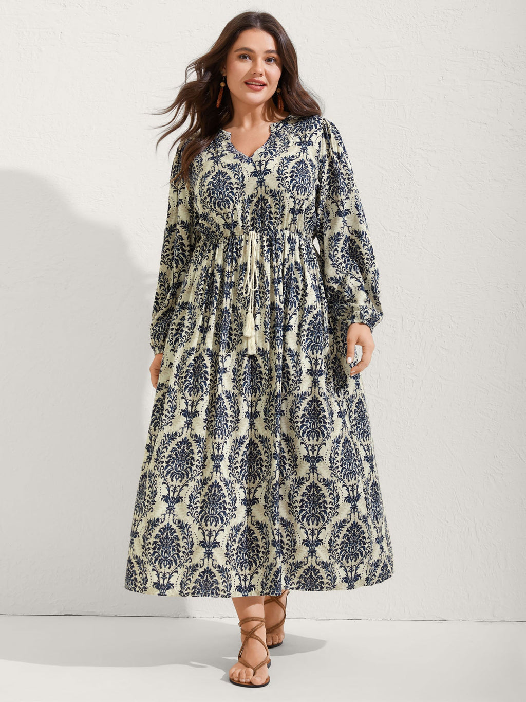(18pcs Minimum Wholesale)Boho Print Notched Tie Knot Maxi Dress