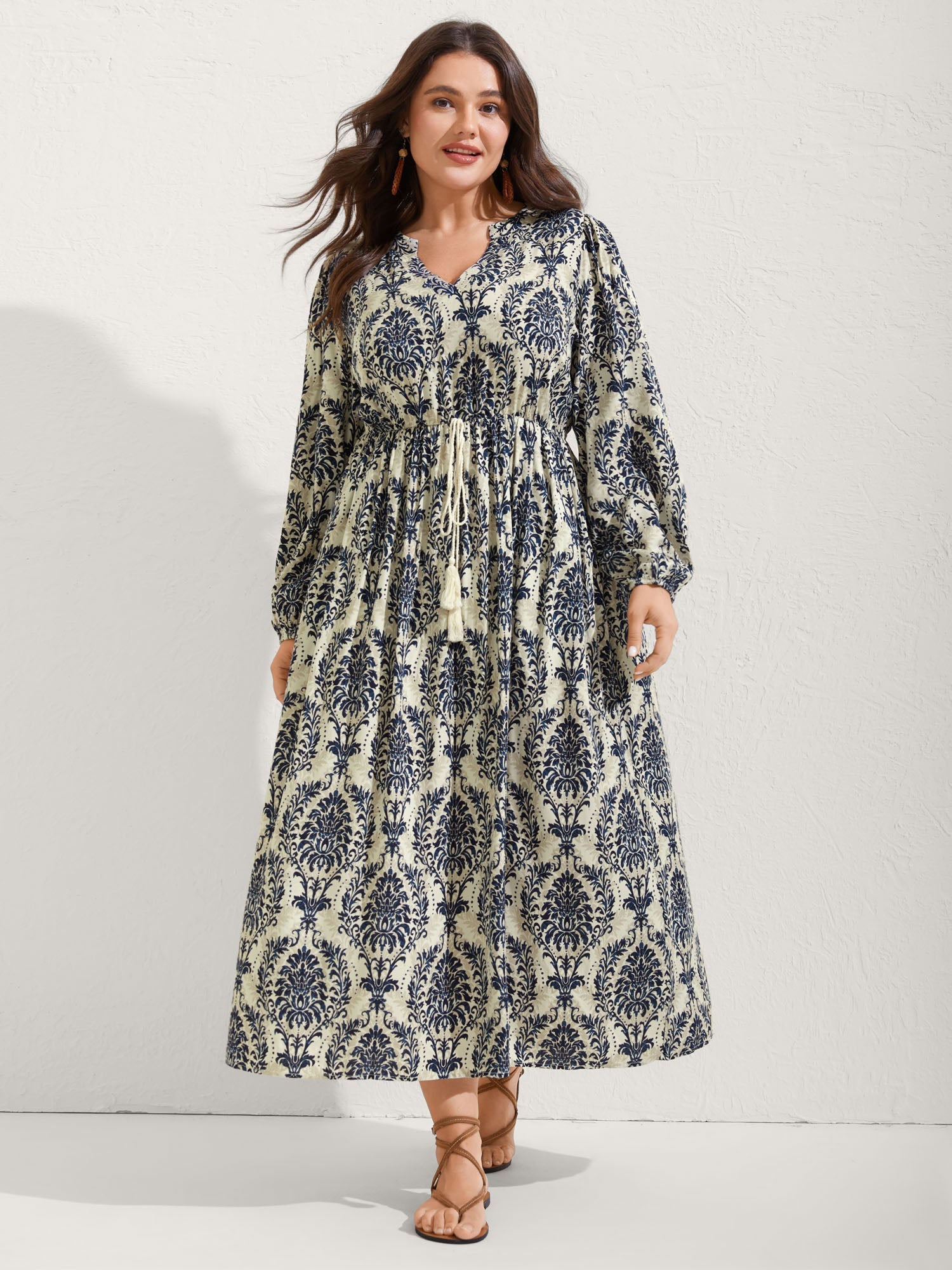 (18pcs Minimum Wholesale)Boho Print Notched Tie Knot Maxi Dress