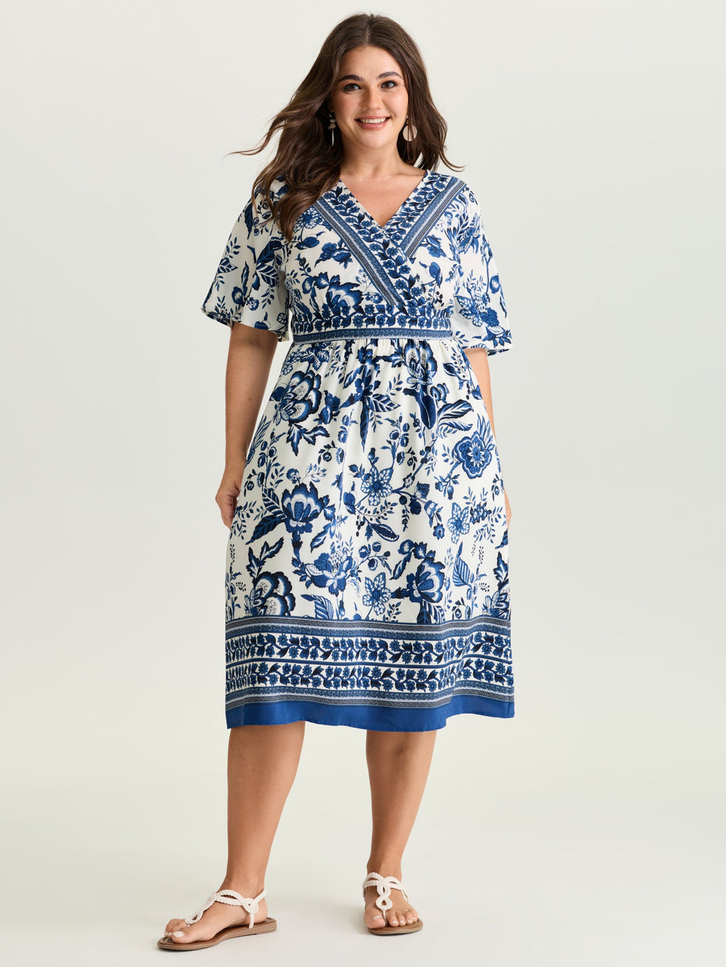 (22pcs Minimum Wholesale)Floral Print Wrap-Neck Pocket Midi Dress