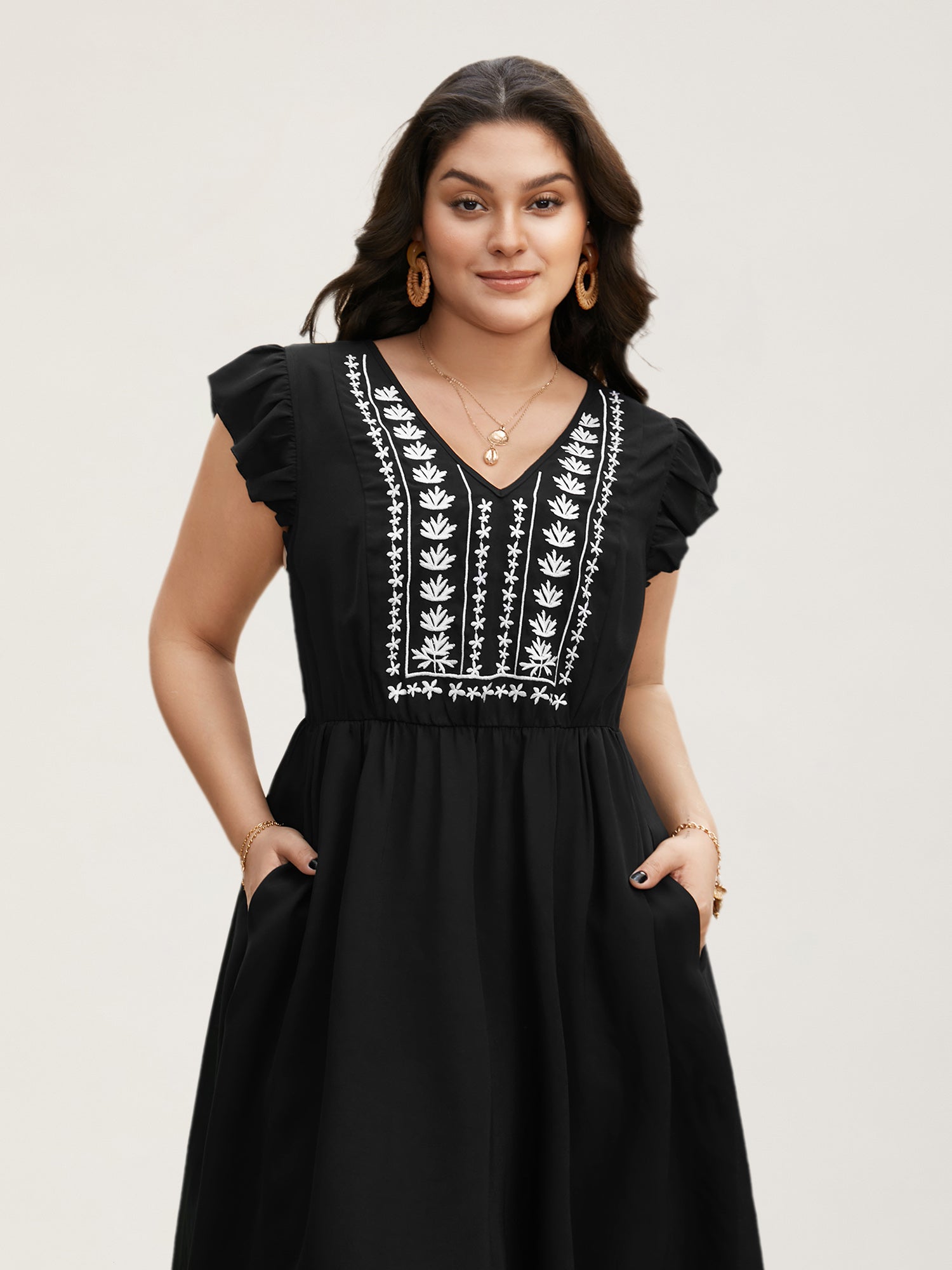 (20pcs Minimum Wholesale)Floral Embroidered V Neck Ruffle Cap Sleeve Dress