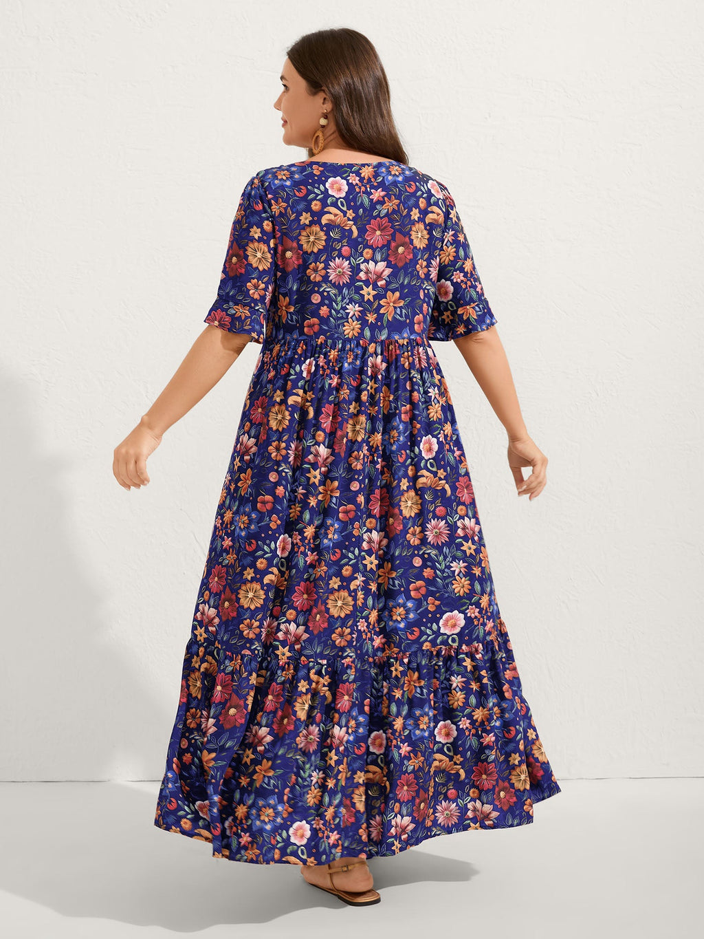 (20pcs Minimum Wholesale)Rayon Floral Lace Trim Button Maxi Dress