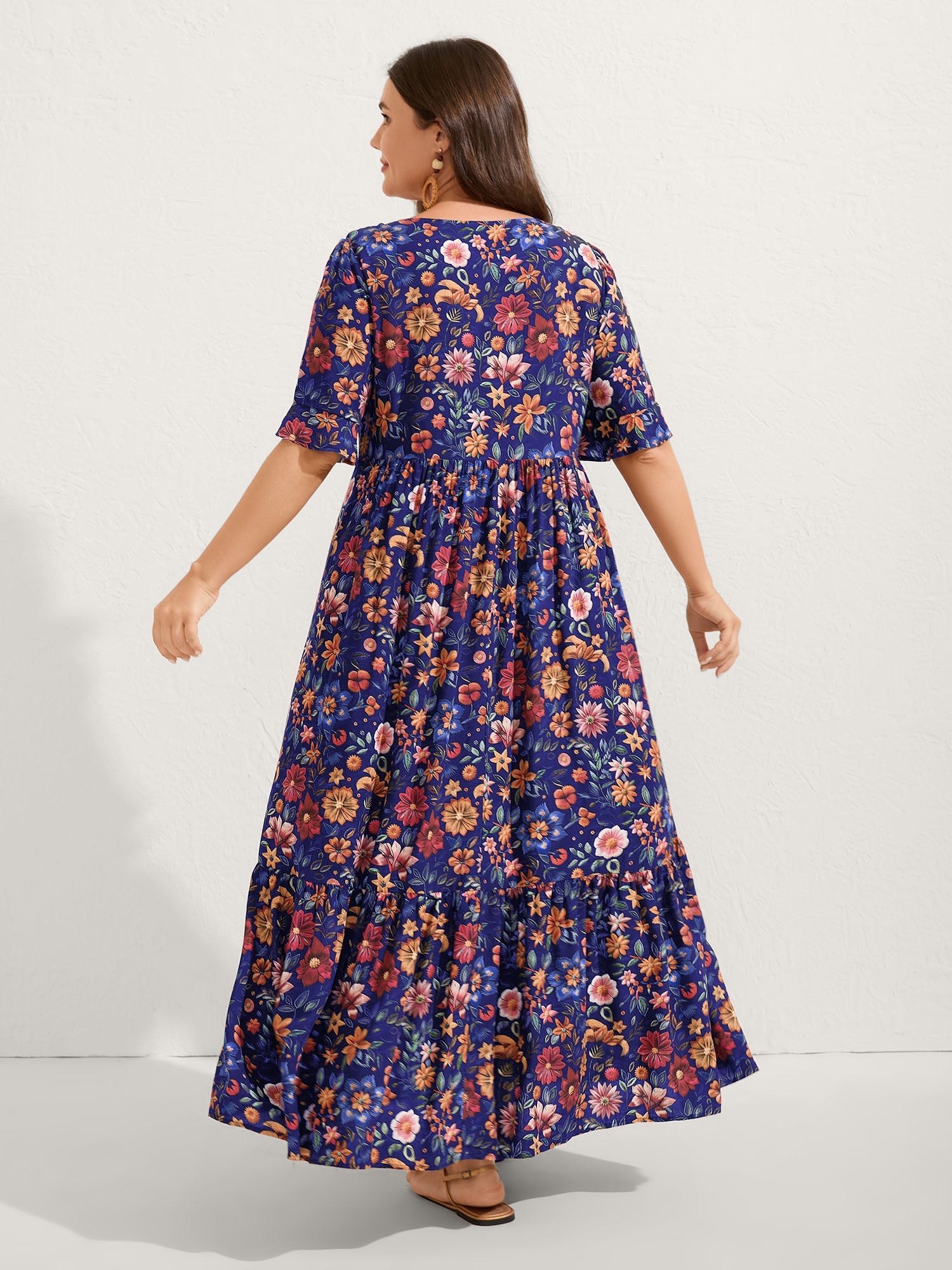 (20pcs Minimum Wholesale)Rayon Floral Lace Trim Button Maxi Dress