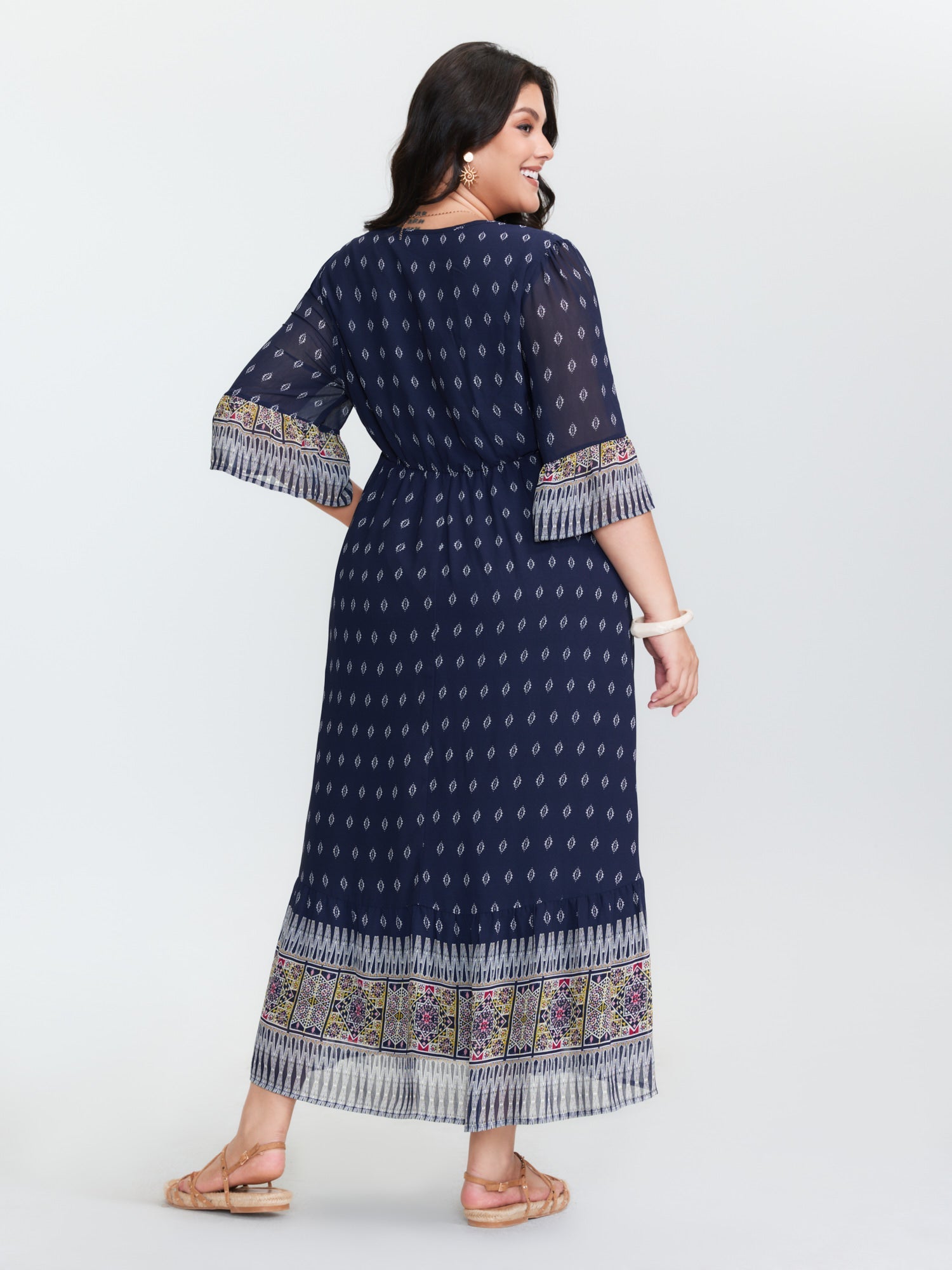 (25pcs Minimum Wholesale)Boho Geometric Print Wrap Maxi Dress