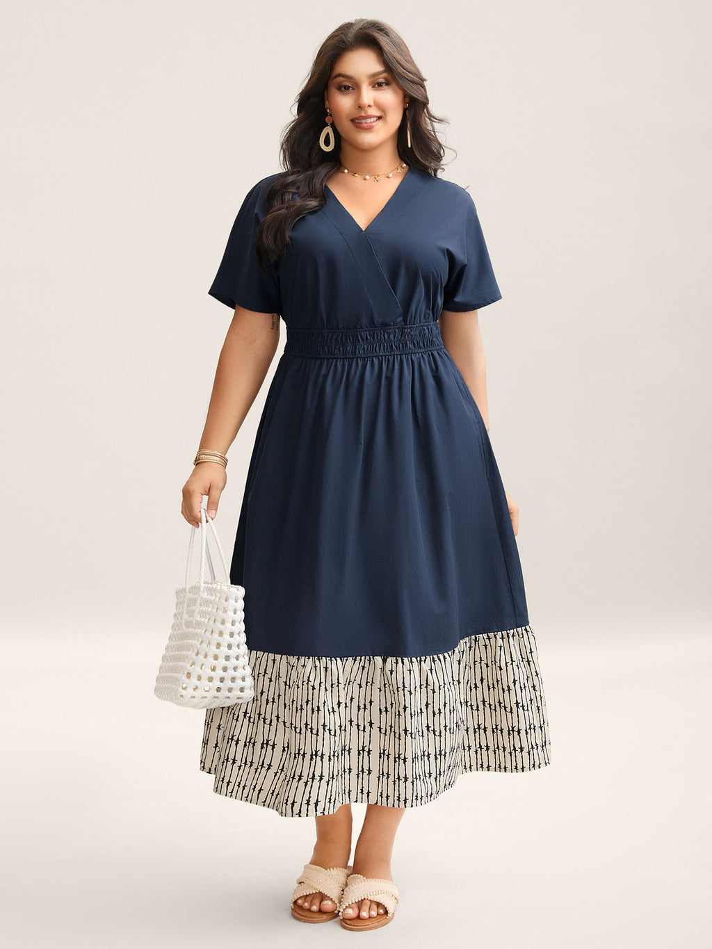 (20pcs Minimum Wholesale)Cotton Color Block Cinched-Waist Spliced Midi Dress