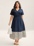 (20pcs Minimum Wholesale)Cotton Color Block Cinched-Waist Spliced Midi Dress